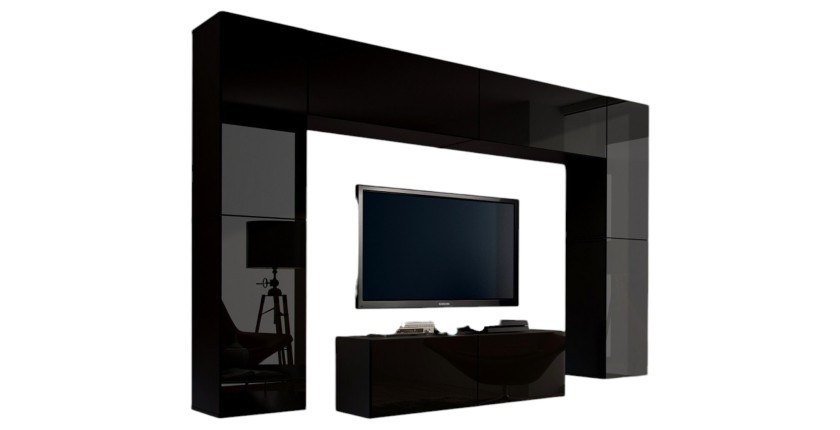Ensemble de meubles de salon noir suspendus collection CEPTO III 256cm, 8 portes, 8 étagères, leds, modulables.