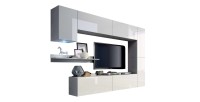 Witte hangende woonkamerset CEPTO VI 256 cm, 7 deuren, 6 planken, LED''s, modulair