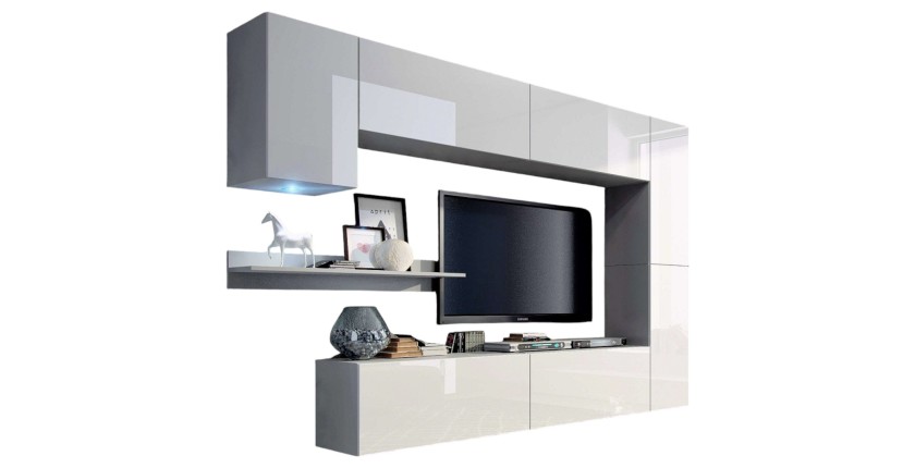 Witte hangende woonkamerset CEPTO VI 256 cm, 7 deuren, 6 planken, LED''s, modulair