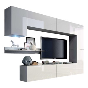 Witte hangende woonkamerset CEPTO VI 256 cm, 7 deuren, 6 planken, LED''s, modulair