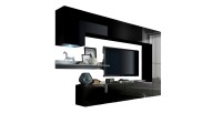 Zwarte zwevende woonkamermeubelset uit de CEPTO VI collectie 256cm, 7 deuren, witte wandplank, ledverlichting, modulair.
