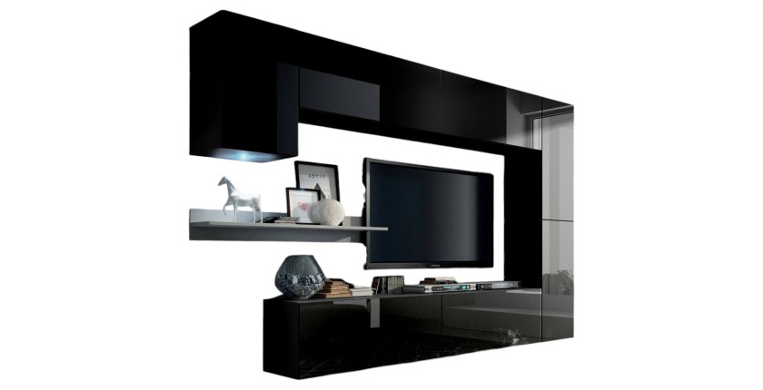 Zwarte zwevende woonkamermeubelset uit de CEPTO VI collectie 256cm, 7 deuren, witte wandplank, ledverlichting, modulair.