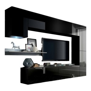 Zwarte zwevende woonkamermeubelset uit de CEPTO VI collectie 256cm, 7 deuren, witte wandplank, ledverlichting, modulair.