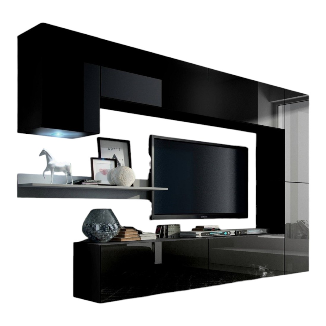 Zwarte zwevende woonkamermeubelset uit de CEPTO VI collectie 256cm, 7 deuren, witte wandplank, ledverlichting, modulair.