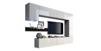 Conjunto de muebles de salón blancos suspendidos colección CEPTO VI 256 cm, 7 puertas, estantería mural negra, LEDs, modulables.