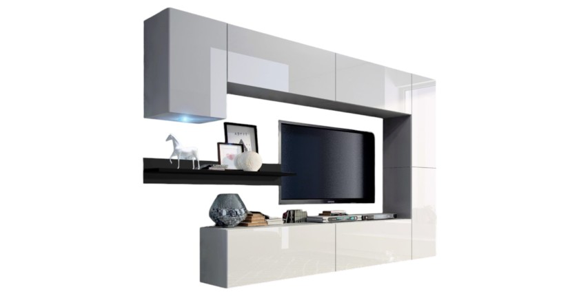 Conjunto de muebles de salón blancos suspendidos colección CEPTO VI 256 cm, 7 puertas, estantería mural negra, LEDs, modulables.