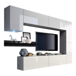 Conjunto de muebles de salón blancos suspendidos colección CEPTO VI 256 cm, 7 puertas, estantería mural negra, LEDs, modulables.
