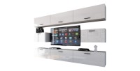 Ensemble de meubles de salon blanc suspendus collection CEPTO VII 249cm, 8 portes, modulables.