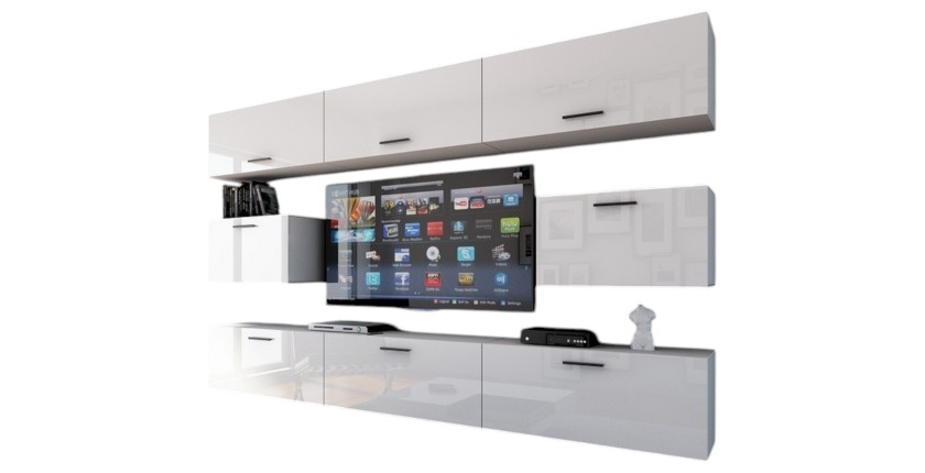 Ensemble de meubles de salon blanc suspendus collection CEPTO VII 249cm, 8 portes, modulables.