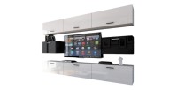 Ensemble de meubles de salon blanc et noir suspendus collection CEPTO VII 249cm, 8 portes, modulables.