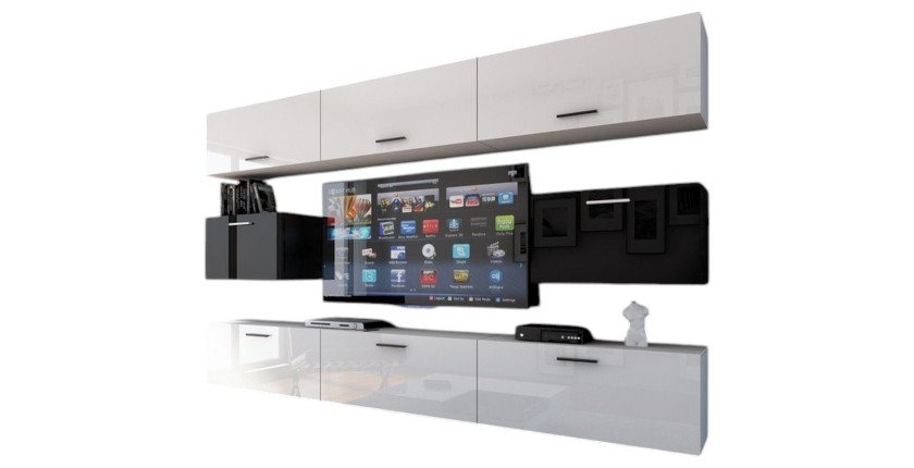 Ensemble de meubles de salon blanc et noir suspendus collection CEPTO VII 249cm, 8 portes, modulables.