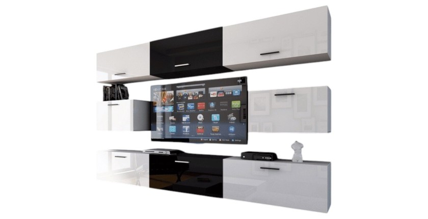 Ensemble de meubles de salon blanc et noir suspendus collection CEPTO VII 249cm, 8 portes, modulables. Milieu coloris noir
