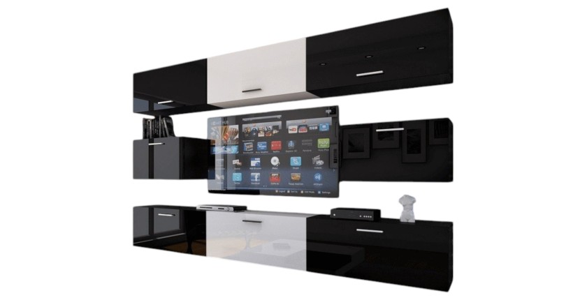 Ensemble meubles de salon noir et blanc suspendus collection CEPTO VII 249 cm, 8 portes, modulables, milieu blanc