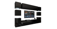 Ensemble de meubles de salon noir suspendus collection CEPTO XIV. 256cm, 10 meubles, 10 portes, leds