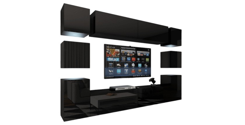 Ensemble de meubles de salon noir suspendus collection CEPTO XIV. 256cm, 10 meubles, 10 portes, leds