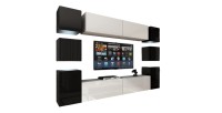 Ensemble de meubles de salon noir et blanc suspendus collection CEPTO XIV. 256cm, 10 meubles, 10 portes, leds