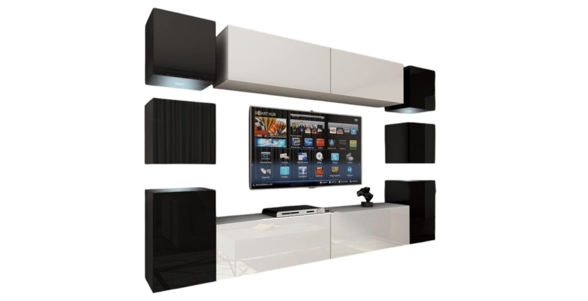 Ensemble de meubles de salon noir et blanc suspendus collection CEPTO XIV. 256cm, 10 meubles, 10 portes, leds
