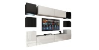 Ensemble meubles de salon blanc et noir suspendus collection CEPTO XIV 256 cm, 10 meubles, LEDs, cube noir