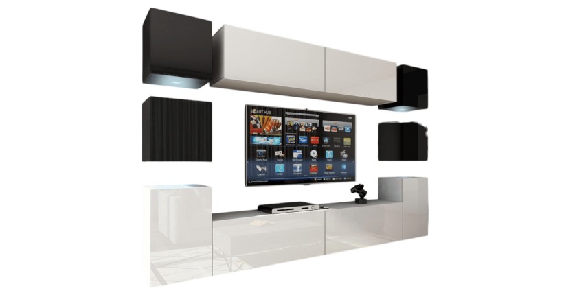 Ensemble meubles de salon blanc et noir suspendus collection CEPTO XIV 256 cm, 10 meubles, LEDs, cube noir
