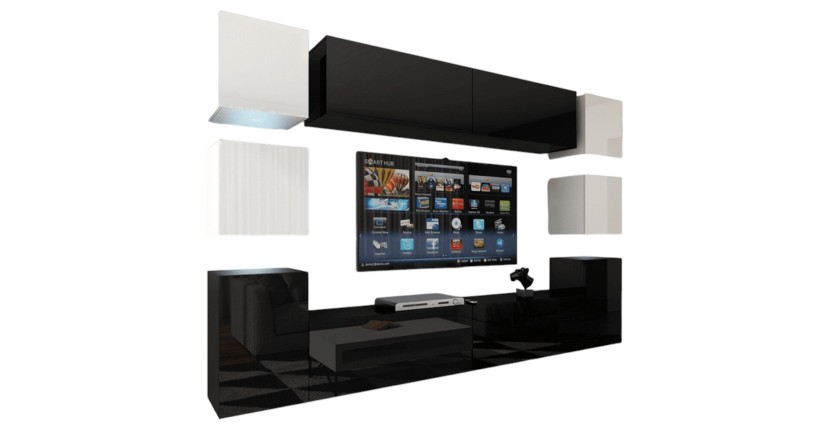Ensemble meubles de salon noir et blanc suspendus collection CEPTO XIV 256 cm, 10 meubles, LEDs, cube blanc