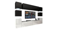 Ensemble meubles de salon suspendus haut noir, bas blanc, collection CEPTO XIV 256 cm, 10 meubles, LEDs