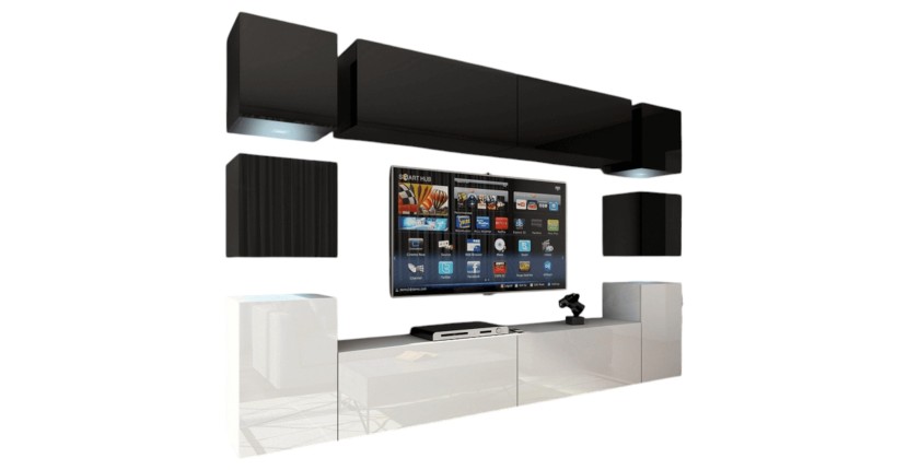 Ensemble meubles de salon suspendus haut noir, bas blanc, collection CEPTO XIV 256 cm, 10 meubles, LEDs