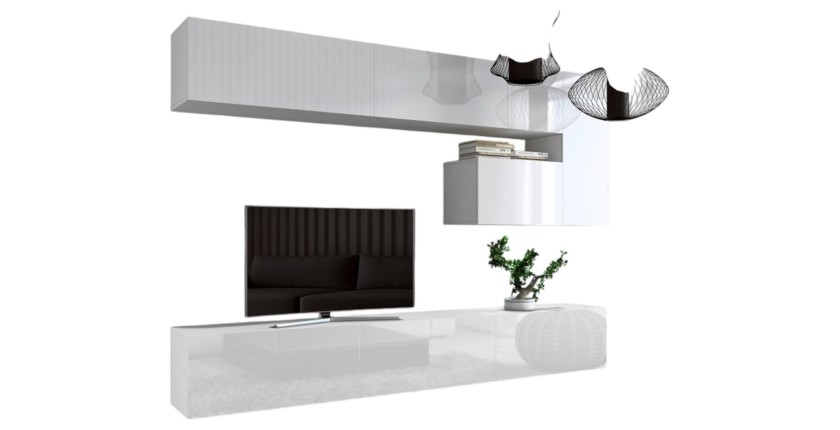 Ensemble meubles de salon suspendus blanc collection CEPTO XV. 249cm, 8 meubles, leds.