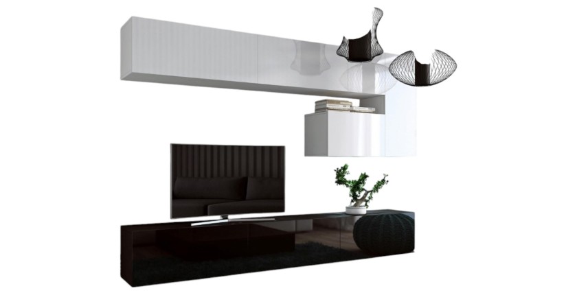 Zwevende woonkamer meubelset wit en zwart collectie CEPTO XV. 249cm, 8 meubels, leds.