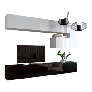 Zwevende woonkamer meubelset wit en zwart collectie CEPTO XV. 249cm, 8 meubels, leds.