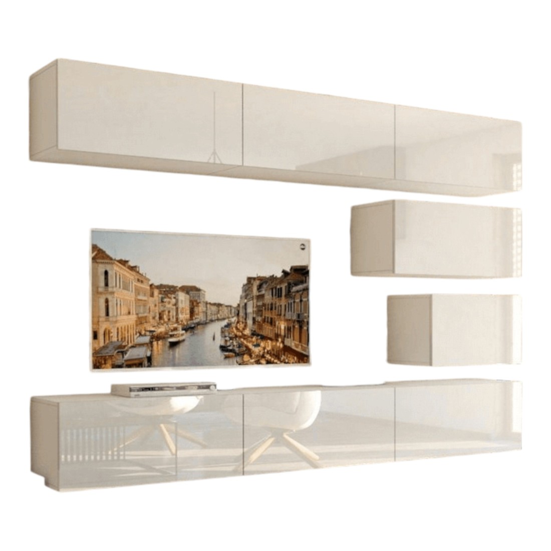 Ensemble de meubles de salon blanc suspendus collection CEPTO XVI 249cm, 8 meubles, modulables.