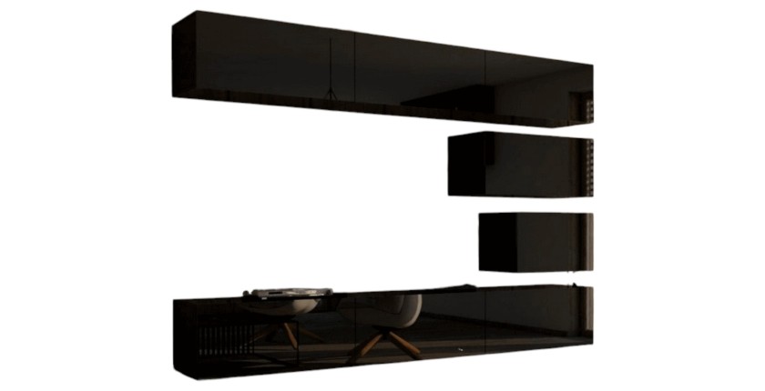 Zwarte zwevende woonkamermeubelset CEPTO XVI collectie 249cm, 8 modulaire meubelstukken.