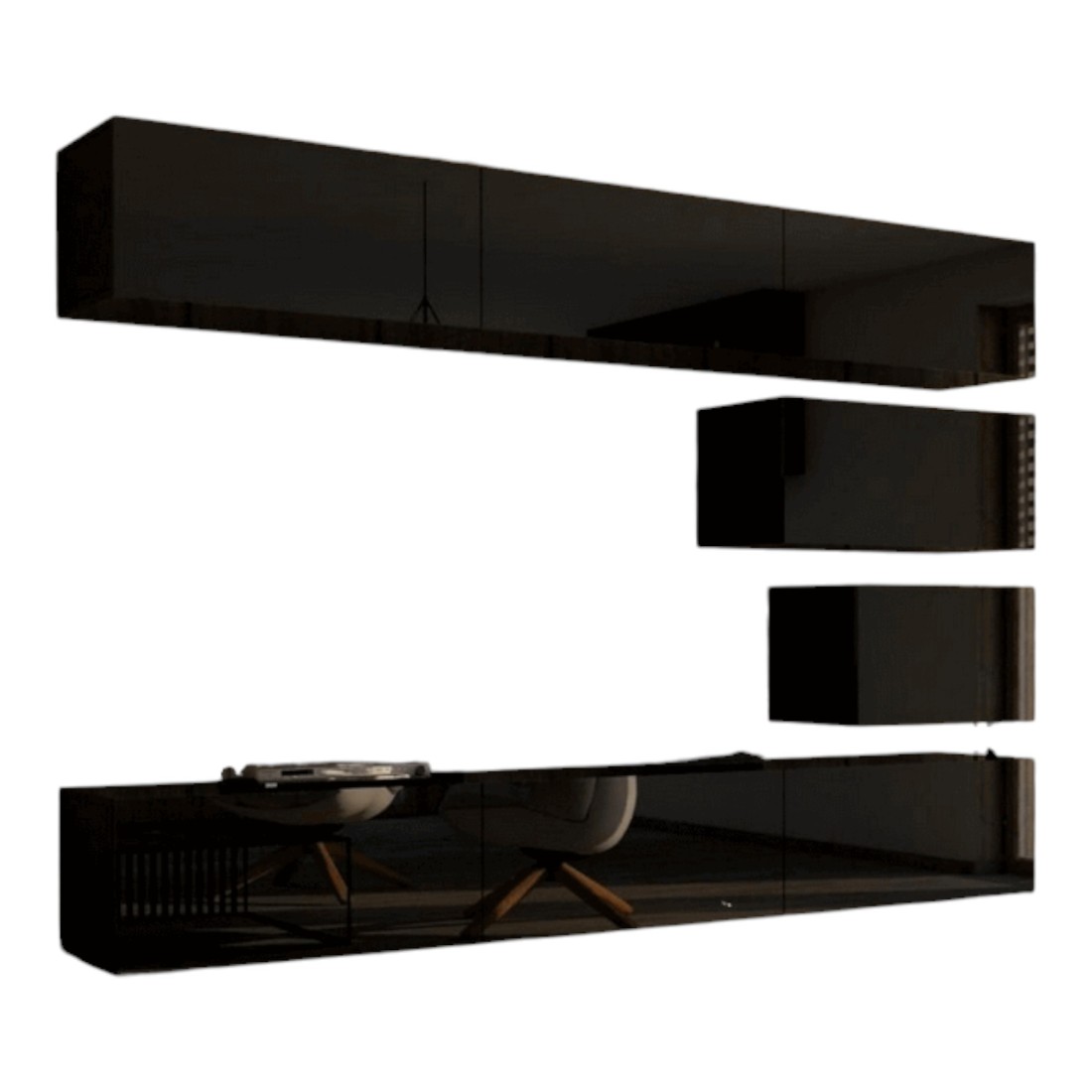 Zwarte zwevende woonkamermeubelset CEPTO XVI collectie 249cm, 8 modulaire meubelstukken.