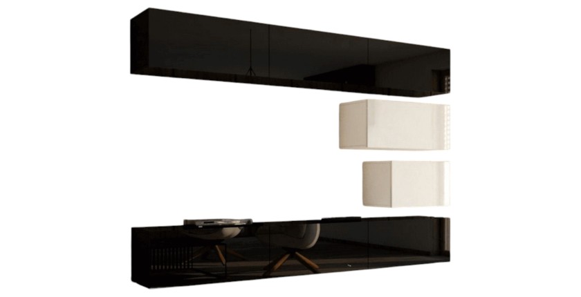 Schwarz-Weißes Wohnzimmermöbelset, hängend, Kollektion CEPTO XVI, 249 cm, 8 modulare Möbelstücke.