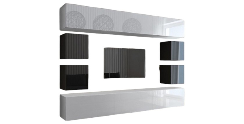 Hängende Wohnzimmermöbel-Set in Weiß und Schwarz, Kollektion CEPTO XVII, 249 cm, 10 Möbelstücke, LEDs, modulbar