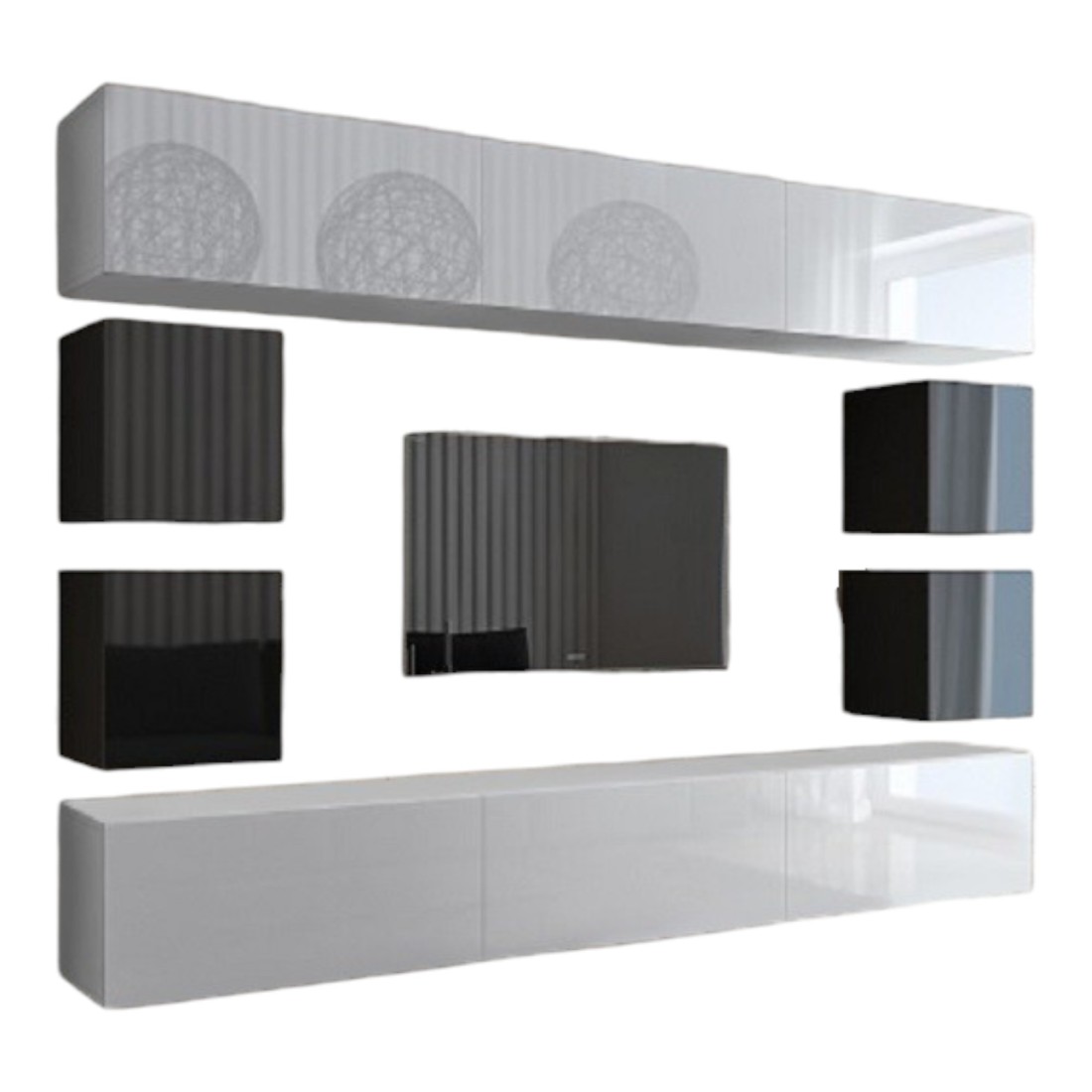 Hängende Wohnzimmermöbel-Set in Weiß und Schwarz, Kollektion CEPTO XVII, 249 cm, 10 Möbelstücke, LEDs, modulbar