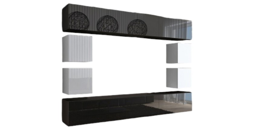 Ensemble de meubles de salon noir et blanc suspendus collection CEPTO XVII 249cm, 10 meubles, leds, modulables.