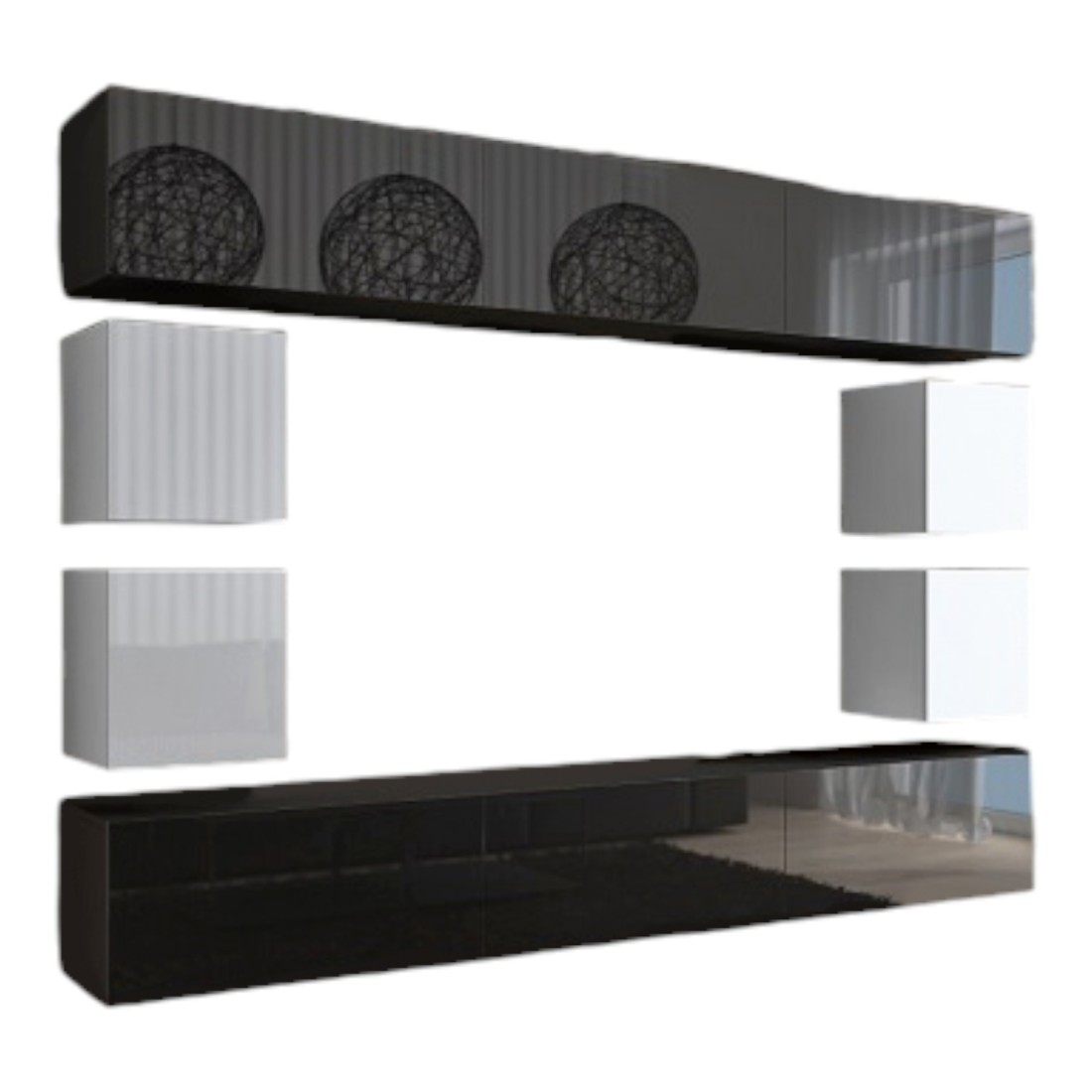 Ensemble de meubles de salon noir et blanc suspendus collection CEPTO XVII 249cm, 10 meubles, leds, modulables.