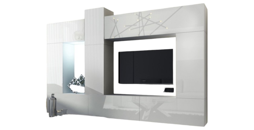 Ensemble de meubles de salon blanc suspendus collection CEPTO XXII. 273cm, 10 meubles, leds, modulables.