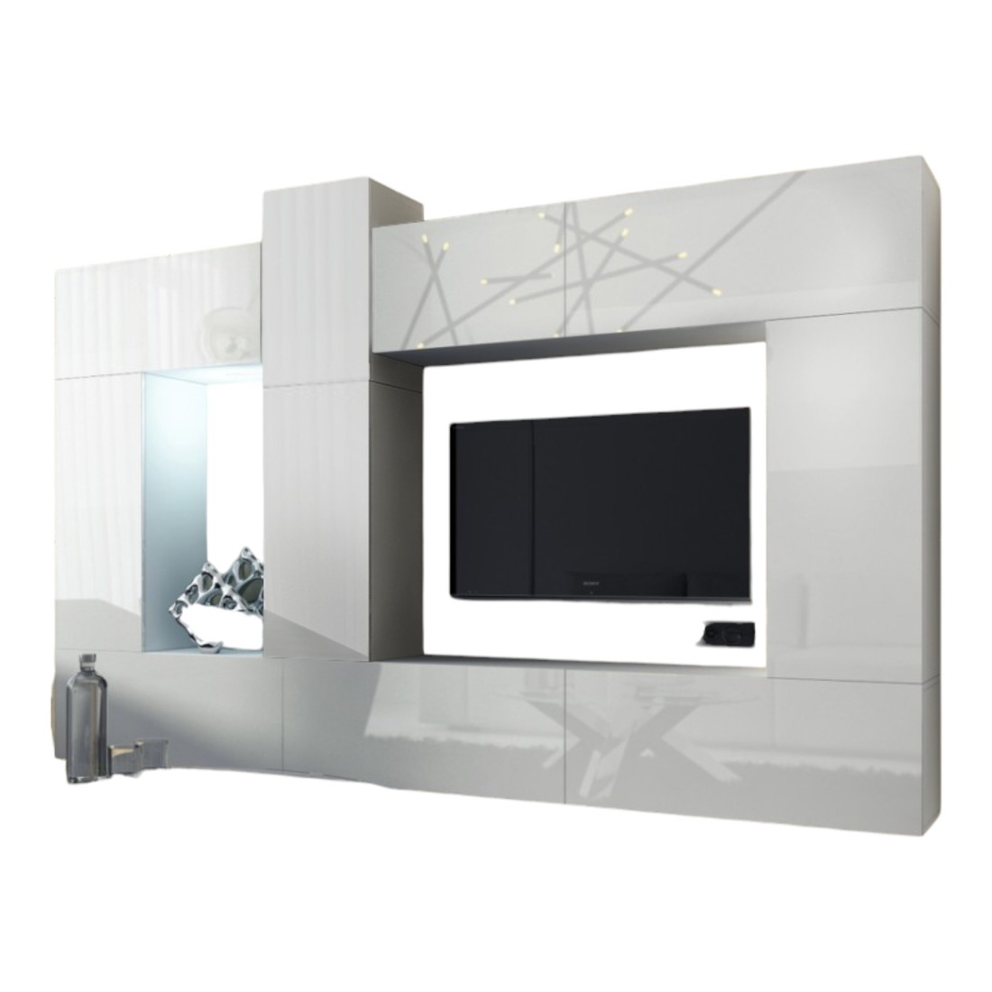 Ensemble de meubles de salon blanc suspendus collection CEPTO XXII. 273cm, 10 meubles, leds, modulables.