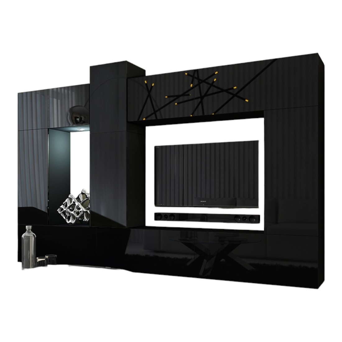 Zwarte hangende woonkamer meubelset collectie CEPTO XXII. 273cm, 10 meubels, led-verlichting, modulair.