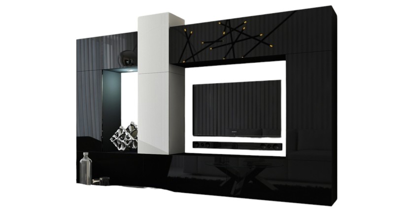 Zwart-witte hangende woonkamerset CEPTO XXII collectie. 273 cm, 10 meubels, leds, modulair.