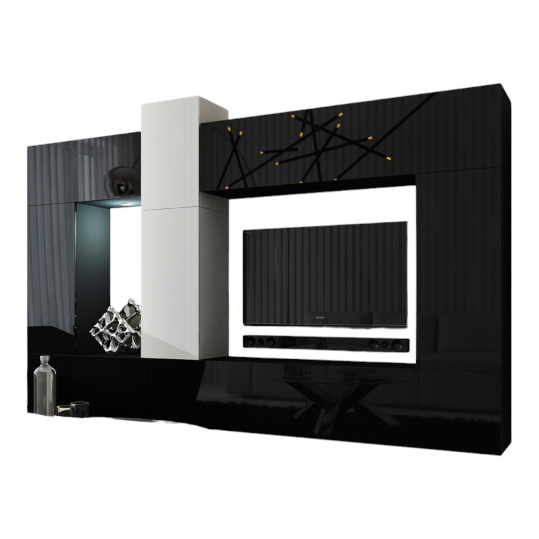 Zwart-witte hangende woonkamerset CEPTO XXII collectie. 273 cm, 10 meubels, leds, modulair.