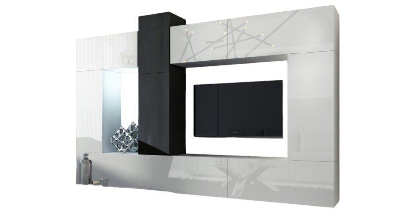 Ensemble de meubles de salon blanc et noir suspendus collection CEPTO XXII. 273cm, 10 meubles, leds, modulables.