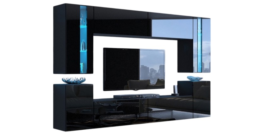 Ensemble de meubles de salon noir suspendus collection CEPTO XXIV. 256cm, 8 meubles, leds, modulables.