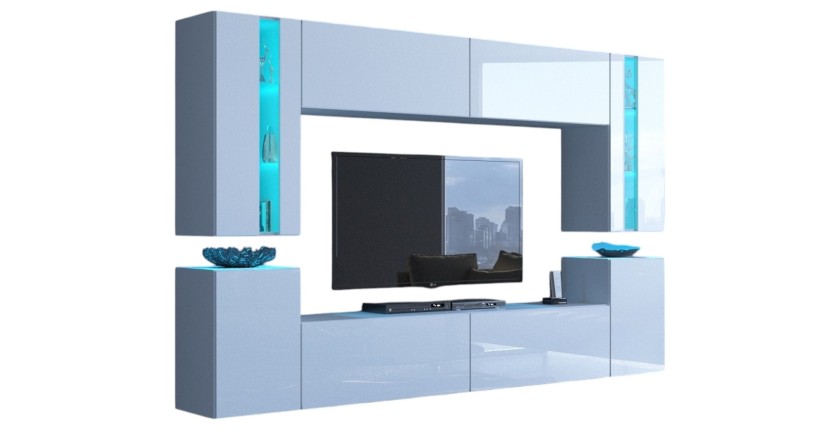 Ensemble de meubles de salon blanc suspendus collection CEPTO XXIV. 256cm, 8 meubles, leds, modulables.