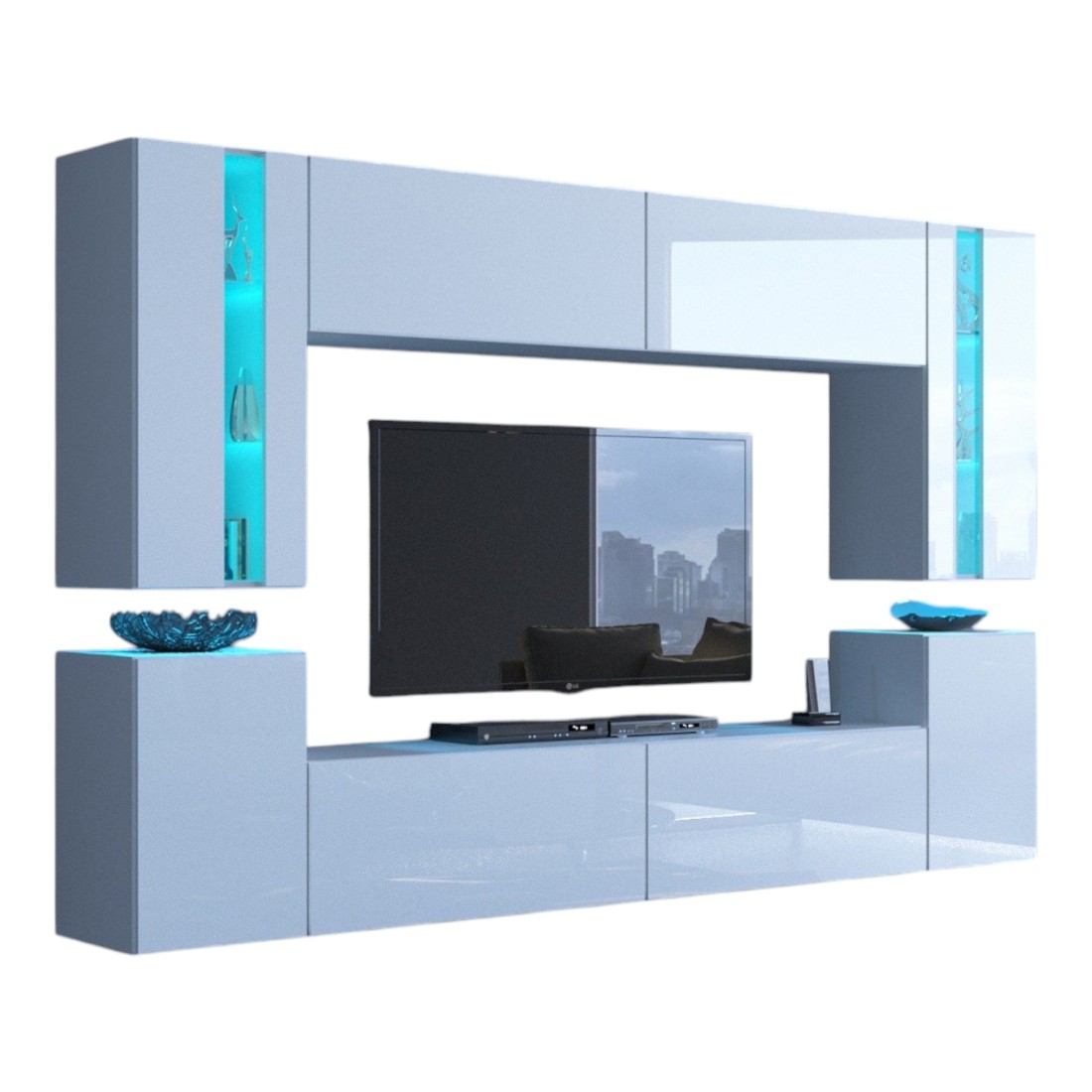 Ensemble de meubles de salon blanc suspendus collection CEPTO XXIV. 256cm, 8 meubles, leds, modulables.