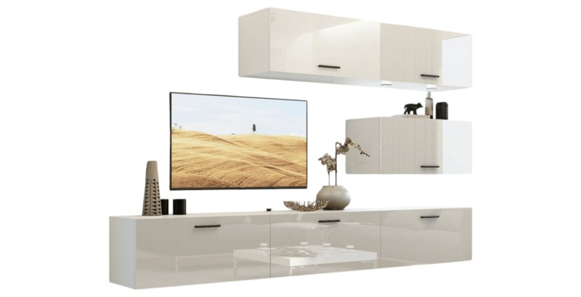 Ensemble de meubles de salon blanc suspendus collection CEPTO XXV. 249cm, 6 meubles, leds, modulables.