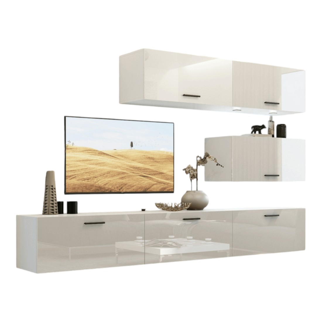 Ensemble de meubles de salon blanc suspendus collection CEPTO XXV. 249cm, 6 meubles, leds, modulables.