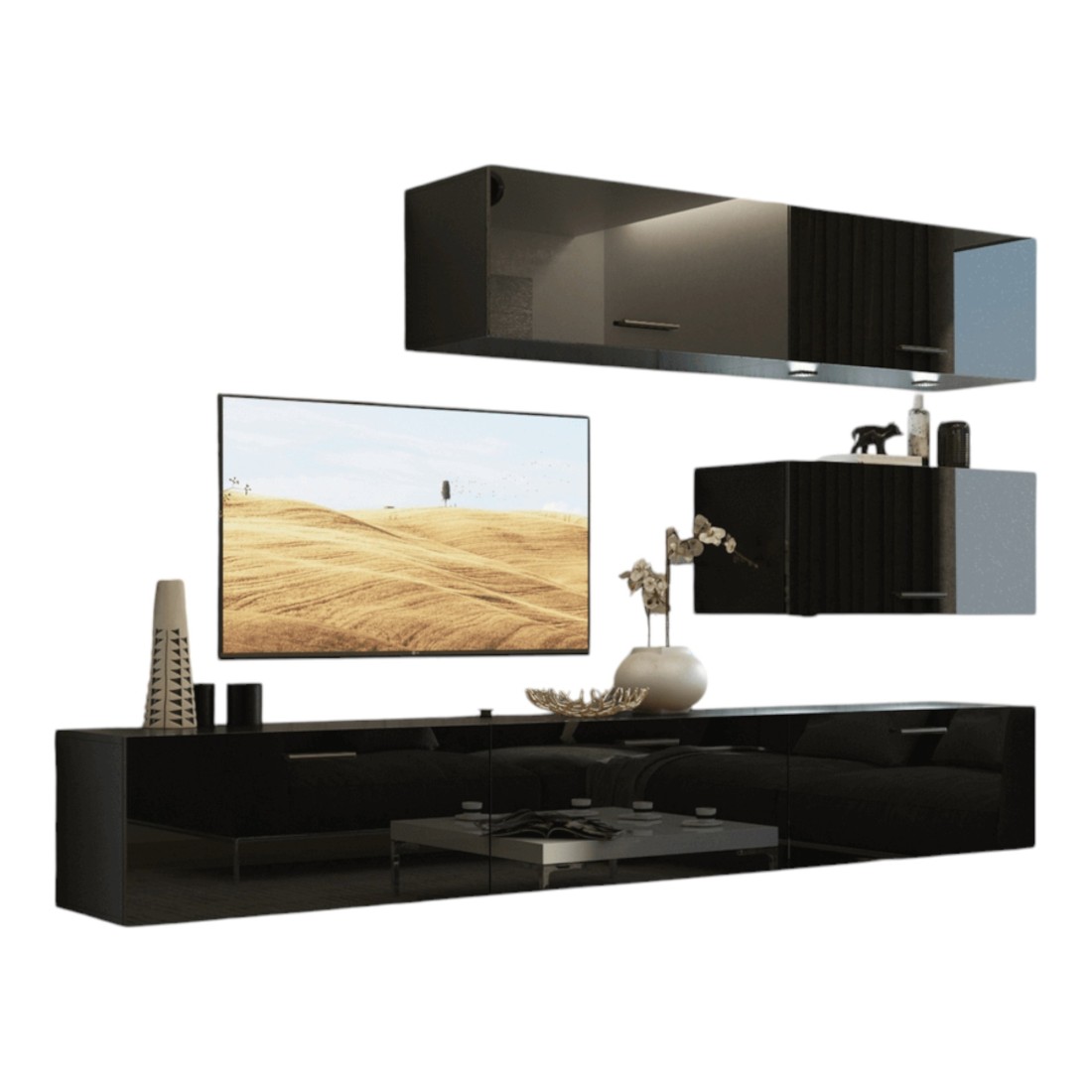 Ensemble de meubles de salon noir, suspendus collection CEPTO XXV. 249cm, 6 meubles, leds, modulables.