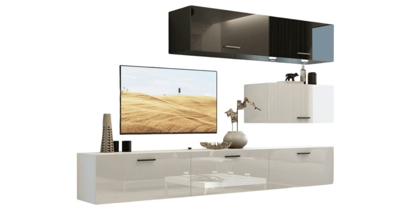 Ensemble de meubles de salon blanc et noir, suspendus collection CEPTO XXV. 249cm, 6 meubles, leds, modulables.